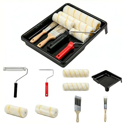 Paint Roller Kit 9 Piece, Paint Rollers, Brushes & Paint Tray, House Painting Supplies, High Absorbency, Washable, Reusable & Easy to Clean