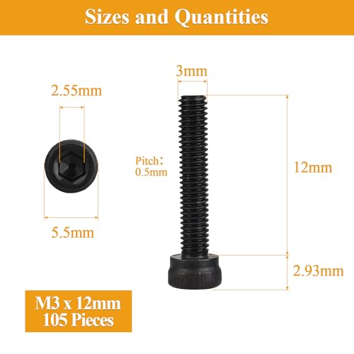 105 Pieces M3 x 12mm Socket Head Cap Screws, Thread Pitch 0.5mm, Sutemribor M3 Black Screws, 12.9 Grade Alloy Steel, Black Oxide Finish, Fully Threaded - size: M3 x 12mm, style: Socket Head