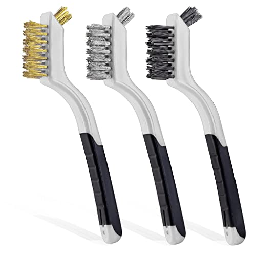 Lavaxon Wire Brush Set 3Pcs - Nylon/Brass/Stainless Steel Bristles with Curved Handle Grip for Rust, Dirt & Paint Scrubbing with Deep Cleaning – 7 Inches (Grey) - color: Gray