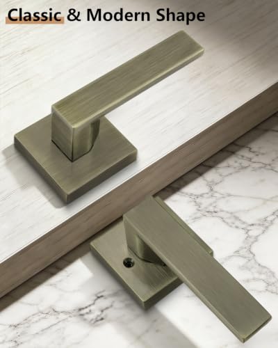 Probrico Passage Antique Brass Closet Door Handles, 6 Pack Interior Non-Locking Aged Bronze Square Zinc Alloy Lever, Reversible for Right & Left Side - color: Antique Brass