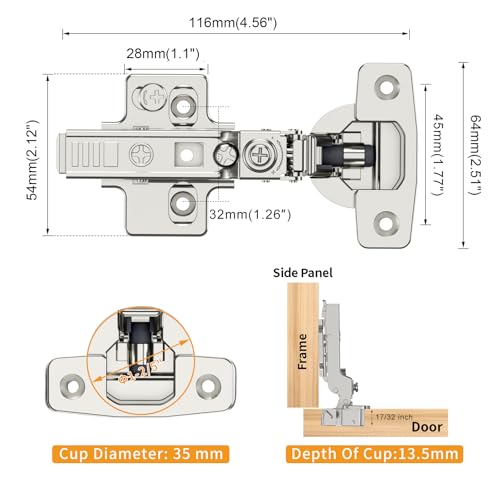 Chibery 10 Pack Frameless Half Overlay Soft Close Concealed European Hinges, Self Closing Satin Nickel, 105 ° Open Angle 4D Adjustment, Speed Control, Clip On, Stainless Steel for Cabinet Door - size: Half Overlay