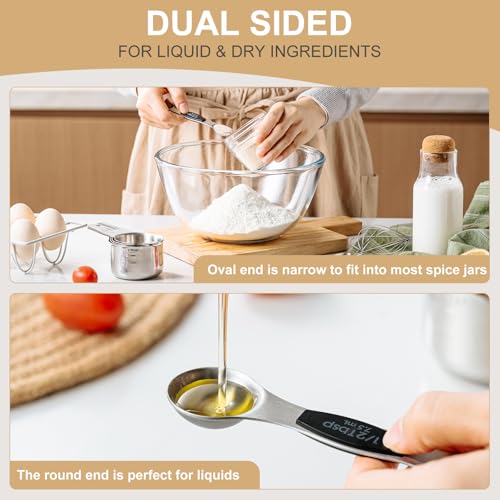 Stainless Steel Measuring Cups & Spoons Set, EWFEN Kitchen Tools Nesting Measuring Cups and Spoons, Fits in Spice Jars for Baking & Cooking, BPA Free, Set of 15 with Leveler, Black - color: Black Spoons