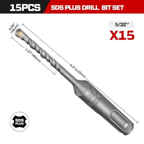 Geinxurn 5/32" x 4" SDS Plus Rotary Hammer Drill Bits, 15PCS Double Thread Masonry Drill Bits Set Carbide Tipped, Drilling in Brick, Stone and Concrete, Cement Walls - size: SDSBIT053204-015