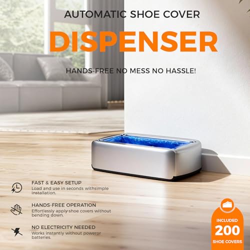 Automatic Shoe Cover Dispenser with 200 PCS Disposable Boot Covers, Hands-Free Step-On Machine, No Electricity, Non-Slip & Reusable, Fits Most Sizes for Home Office Lab & Medical Use