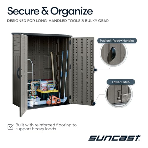 Suncast 54 Cu Ft Medium Vertical Storage Shed, Stoney, Made in USA - color: Stoney