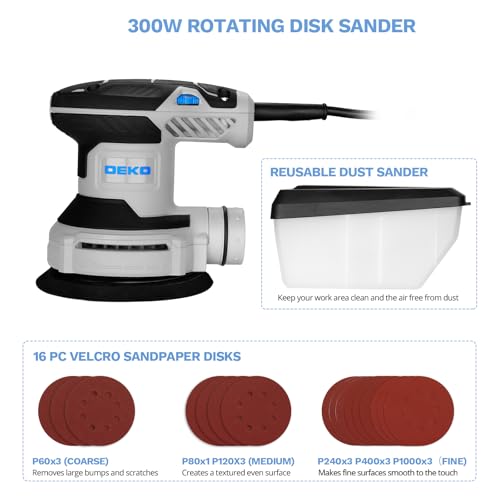 Orbital Sander Corded Hand Sander: DEKOPRO 5" Random Orbital Sander with Dust Box, 6 Various Speeds Electric Palm Sander with Dust Box, 16Pcs Sandpapers for Woodworking & Sanding (Renewed)