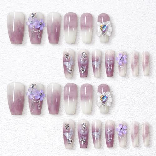 3D Purple Press on Nails Almond - Medium French Tip Fake Nails with Embossed Flower&Butterfly Bead Designs, Glossy Finish Reusable False Nails for Women Manicure(3D Embossed design 24） - color: 3D Embossed design 24