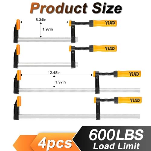 Steel Bar Clamps Set, 6" & 12" F Clamps for Woodworking, 300-600Lbs Load - color: Yellow 4 Pack-6&12 Inch