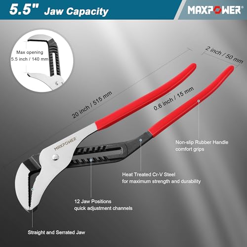 MAXPOWER 20 inch Groove Joint Pliers, 5.5 inch Max Opening - size: 20"