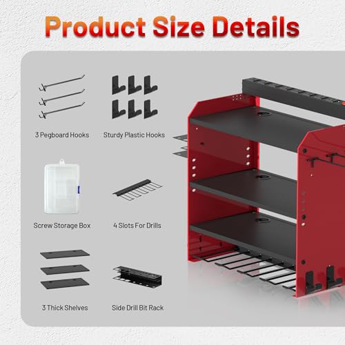 Power Tool Organizer Wall Mount with Charging Station, Garage 4 Drill Storage Shelf with Cordless Tool Holder, Heavy Duty Rack with 8 Outlet Power Strips and Hooks, Gift for Men, Husband (4 Layer) - size: 4 layer