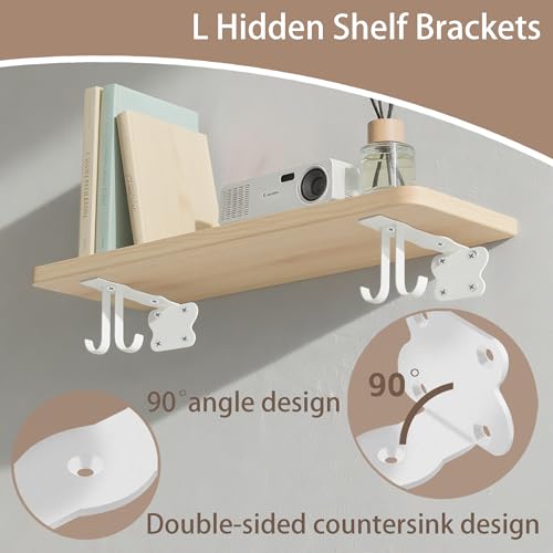 SOGAL 5 Inch Shelf Brackets with 4 Hooks, White Floating Shelf Bracket Invisible Supports 4 Pack - color: White, size: 5 Inch