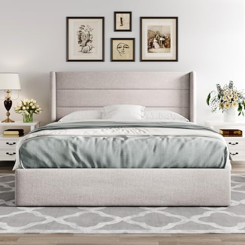 Allewie Full Size Lift Up Hydraulic Storage Bed Frame Light Beige - color: Beige, size: Full, style: Modern