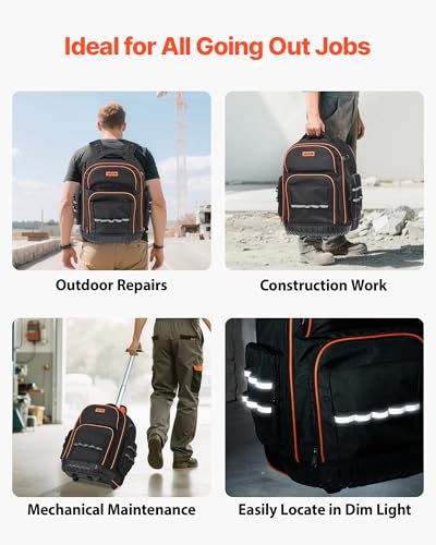 VEVOR Rolling Tool Backpack, 110 lbs Load Capacity, 45 Pockets Heavy Duty Roller Tool Bag on Wheels, Adjustable Telescoping Handle & Stable Base, Toolbag Organizers for Construction, Mechanic - style: Tool Backpack
