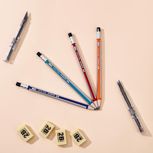 M&G Mechanical Pencil Set, 4 Pcs 2.0mm Mechanical Pencils with 6 Pcs 2B Extra Refill Leads, Automatic Pencil with Built-in Sharpener for Writing Art Drawing Sketching Construction Carpenter Drafting