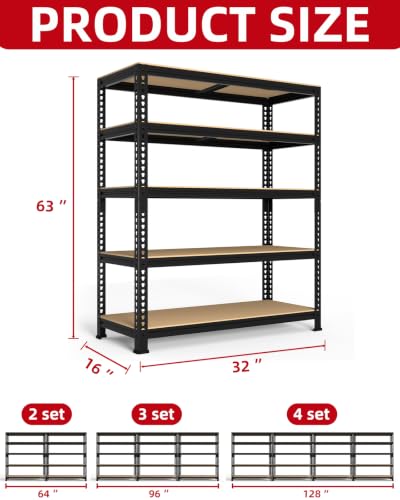 PrimeZone 5-Tier Garage Storage Shelves, Adjustable Metal Shelving, Black - size: 32"W x 16"D x 63"H