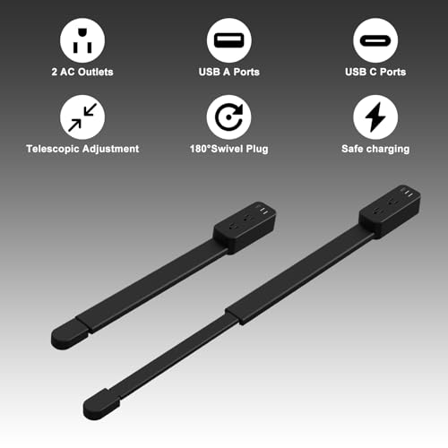 Electrical Outlet Extender Stick - Features USB-A, USB-C and 2 AC Outlets, Extends 22"-34", Rotates 180° Access Hard-to-Reach Outlets, Wall Plug Power Socket Expander Nightstands, Sofa, Desks and More - color: Black