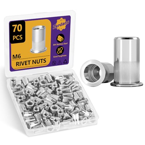 70Pcs M6-1.0mm Rivet Nut Set Flat Head 304 Stainless Steel | High Ductility, For Auto, Furniture & Industrial Use, Storage Case Included. - size: M6