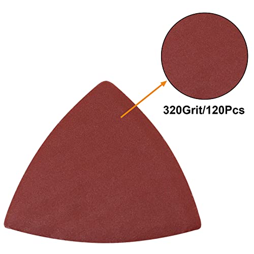 120 Pcs Triangle Sanding Pads, 320 Grits Detail Sander Sandpaper Hook and Loop Sanding Sheet,3-1/8"(80mm) Triangular Sandpaper for 3-1/8" Oscillating Multi Tool, No Holes - size: 320 Grit, style: No Hole