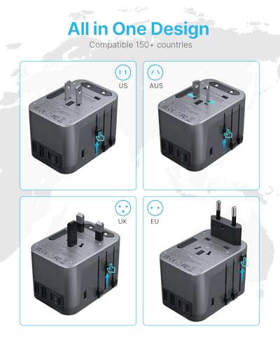 VINTAR Universal Travel Adapter 30W, 6-in-1 with 3 USB-C & 2 USB-A, Silver - color: 30W Silver