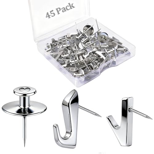 Picture Hanging Nails, 45 Pack Double Headed Push Pins Wall Thumb Tacks for Drywall , Art, Posters, Photos, Hanging Kit with Nails & Hooks