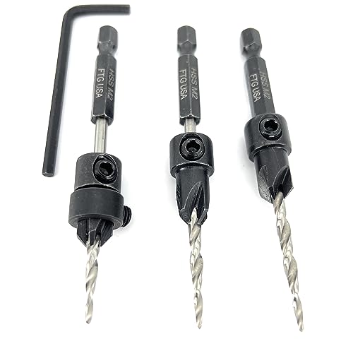 FTG USA #6 (9/64") Wood Countersink Drill Bit 3-Pc Set with 3/8" Depth Stop - size: #6, style: 3 Pc with Depth Stop