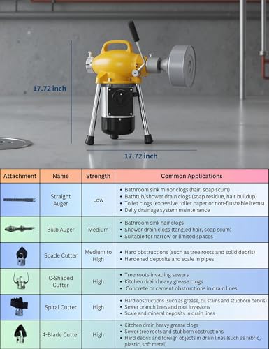 500W 400 RPM Auto Feed Electric Drain Cleaner Machine (66FT x 5/8" + 16FT x 3/8", Yellow and Sliver) - color: Yellow and Sliver