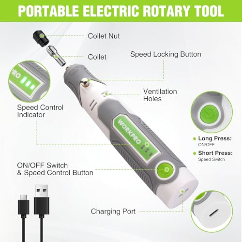 WORKPRO Mini Rotary Tool Kit, 3-Speed DIY Engraving, Carving & Cutting - color: White