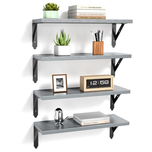 ROMGUAR CRAFT Wood Wall Floating Shelves Set of 4, 17" x 6" - Grey - color: Grey, size: 17" x 6"