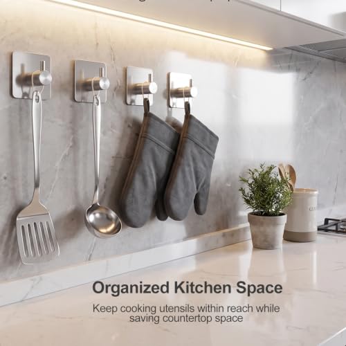 Fotosnow Adhesive Wall Hooks, 15lbs Stainless Steel Heavy Duty No Drill Towel Hooks for Bathroom Kitchen Entryway Dorm-6 Packs - color: Silver-6 Pack