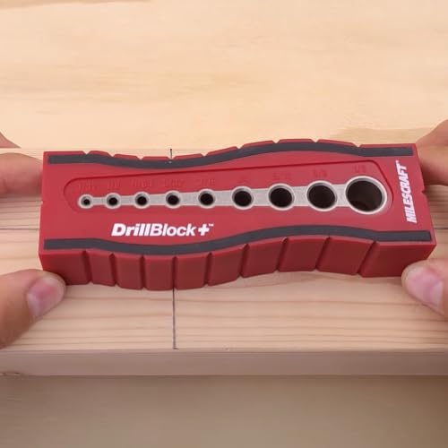 Milescraft 1336 Drill Block Plus- Handheld Drilling Guide, Drilling Jig with Drill Guides for 9 of the Most Common Imperial Drill Bit Sizes, Precision Drilling Tool Accessory