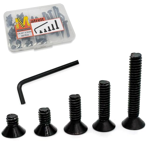 45pcs 1/4-20 5 Sizes Countersunk Head Flat Socket Head Cap Screws Assortment Kit with Allen Keys, Black Grade 10.9 Carbon Steel Socket Cap Bolts Flat Countersunk Head Machine Screws - size: BLACK-5Size-1/4-45P