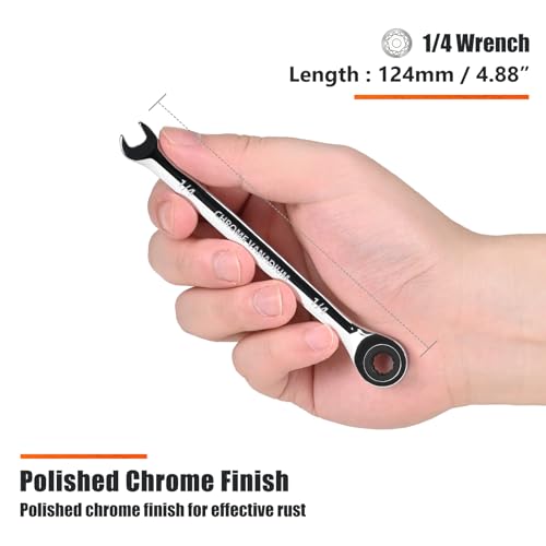 Egofine 1/4 inch Ratcheting Combination Wrench SAE, Industrial Grade Gear Spanner with 12-Point Design, 72-Tooth Ratchet, Chrome Vanadium Steel - size: 1/4"