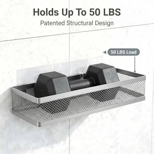 PUSDON 5-in-1 16.5" Extra Long Slim Wall Mount Wrapped Mesh Kitchen Organizer & Shower Caddy Kit, with Paper Towel Holder, Utensil Holder, Soap Dish, Holds 50LBS - Silver Gray, Netting - color: Silver Grey, size: 5-in-1 Full Mesh (16.5" Extra Long)