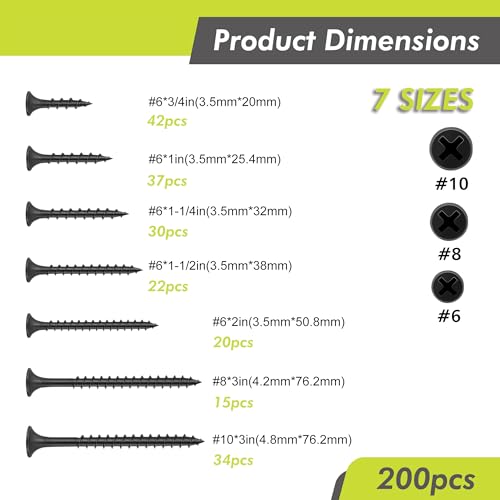 Wood Screws Assortment Kit, 200PCS High Hardness Phillips Bugle Head Drywall Screws Set, Coarse Thread & Black Oxide, 7 Sizes (3″, 2″, 1-1/2″, 1-1/4″, 1″, 3/4″), Ideal for Woodworking/Household/DIY