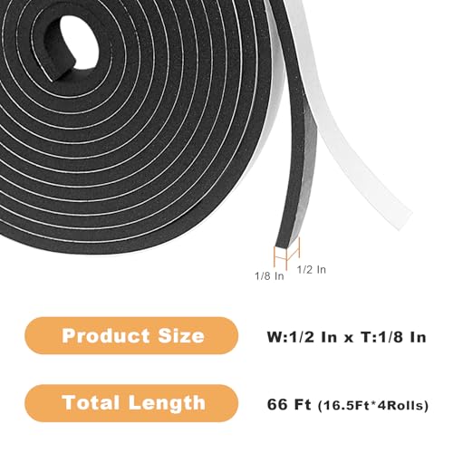 Foam Insulation Tape self Adhesive,1/2In x 1/8In x66Ft Weather Stripping for Doors and Windows,Sound Proof soundproofing Door Seal,Weatherstrip,Pipe Cooling, Air Conditioning Seal Strip - size: 1/2 in x 1/8 in x 66 ft