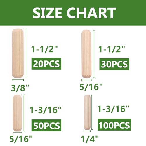 230Pcs Wooden Dowels Assorted M6 M8 M10 Fluted Wood Dowels Rods Grooved Plugs Hard Wood Crafts Dowel Pegs Woodwork Pin for Crafts, Furniture, DIY Manual,Carpentry (3/8 + 5/16 + 1/4in) - size: 4 sizes-230pcs