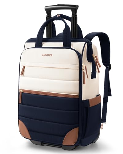 Rolling Puffer Backpack for Women, Travel Backpack with Wheels, 16 Inch Wheeled Laptop Backpck, Dual-Opening Design Overnight College Underseat Carry on Luggage, Roller Business Work Bag, Navy Blue - color: Navy Blue