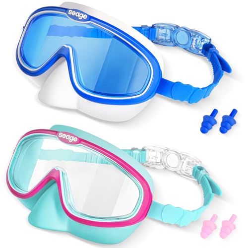 Seago Kids Swim Goggles with Nose Cover 2 Pack for 3-14 Anti-Fog Clear View - color: Pink Green & Blue White
