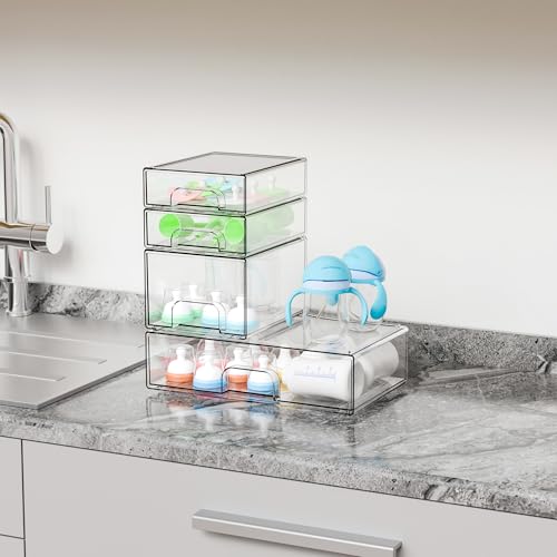 Yieach 4 Pack Clear Stackable Storage Drawers,Pull-Out Medicine Cabinet Organizer and Containers,Large Acrylic Organizers Drawers and Bathroom Closet Organizers for Hair Accessories,Makeup Organizer - style: 4 PACK