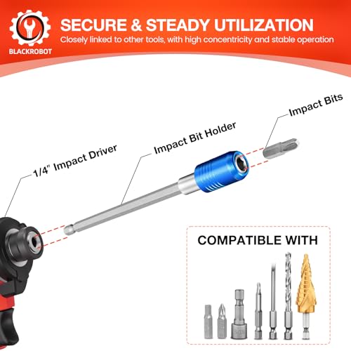 BLACKROBOT 2-Piece Magnetic Quick Change Impact Bit Holder, 6-Inch Long Drill Bit Extension for 1/4" Hex Drives, Ideal for Screwdriver Bits, Nuts, Drills and Socket Driver Adapters - size: 6 inch