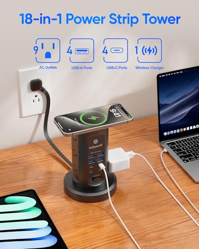 Power Strip Tower, kakyanill Charging Station 9 AC Outlets 8 USB Ports - color: Black, size: 24W