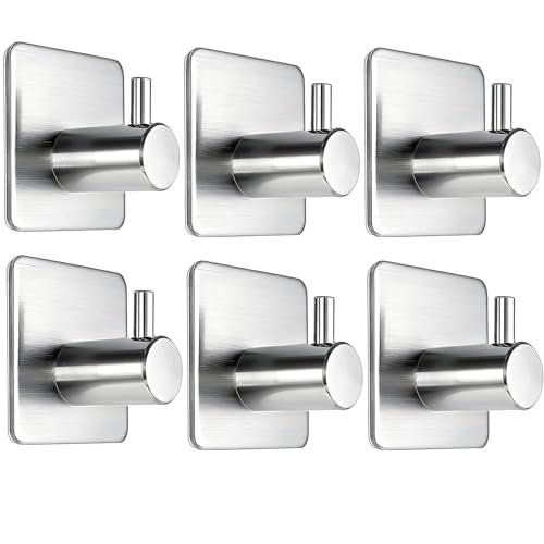 Fotosnow Adhesive Wall Hooks, 15lbs Stainless Steel Heavy Duty No Drill Towel Hooks for Bathroom Kitchen Entryway Dorm-6 Packs - color: Silver-6 Pack