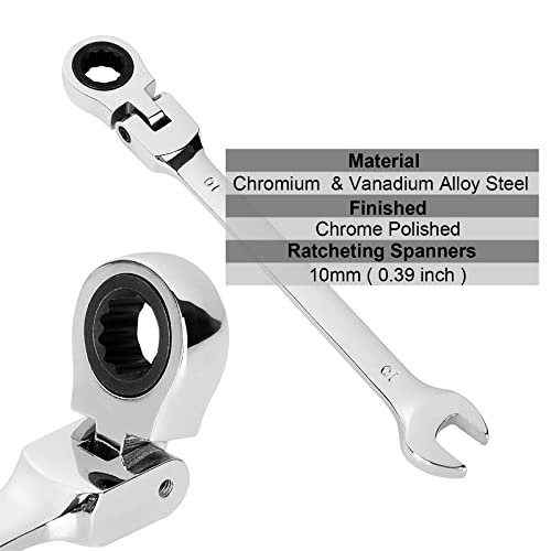 3 Pack 10mm Flex Head Ratcheting Wrench, 10mm Ratcheting Combination Wrench, Chrome Vanadium Steel Gear Wrench, 5° Movement, 72 Tooth