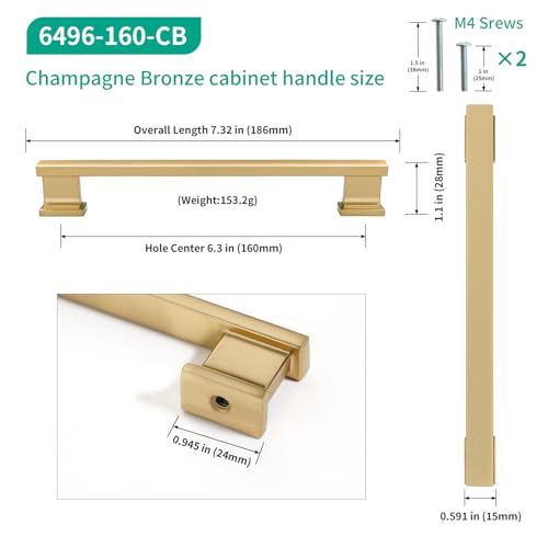Champagne Bronze Kitchen Square Cabinet Handles 6.25 Inch 10 Pack - color: Champagne Bronze, size: 6.25"/160MM Hole Center