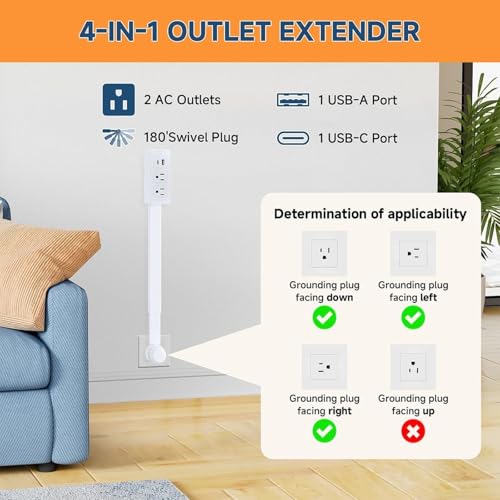 Outlet Extender, 180° Rotating & Extendable Plug Splitter, 2 AC Outlets, USB-A & USB-C Fast Charging, Surge Protector, No-Drill for Hard-to-Reach Areas Behind Couch & Desk