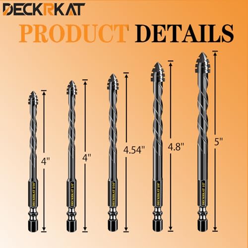 DECKRKAT Upgraded Black 4-Flute Serrated Masonry Drill Bit Set - 5-Piece Set (3/16" to 1/2") for Concrete, Tile, Glass, Brick, Ceramic, Plastic, - size: 5 Piece (3/16"-1/2"), style: 4-Flute Serrated Drill Bit