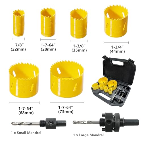 9 pcs M3 Bi-Metal Hole Saw Set, High Speed Steel Hole Saw Kit with 7/8"-2-7/8" (22-73mm) 6 pcs Hole Saw Blades, Boxed with Arbor, Drill Bit, Hex Wrench, Suitable for Metal, Wood, Plastic - color: Yellow