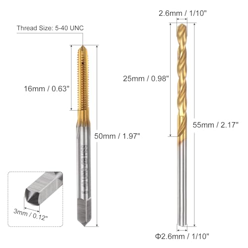 uxcell Tap & Drill Bit Set, 5-40 UNC Straight Flute Thread Tap and 1/10" (2.6mm) Twist Drill Bit, Titanium Coated M2 High Speed Steel Thread Repair Tapping Tools - size: 5-40 UNC + 1/10" (2.6mm)
