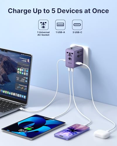 VINTAR Universal Travel Adapter 70W GaN, 5-in-1 with 3USB-C PD & 1USB-A QC - color: 70W Purple