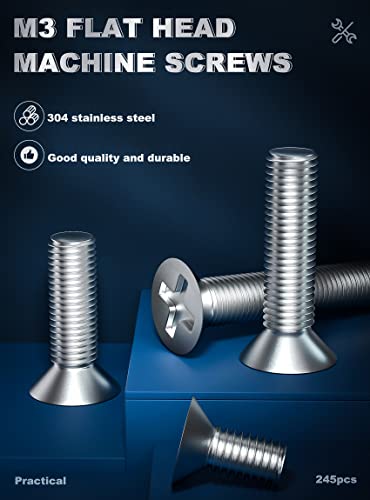 M3 Phillips Flat Head Machine Screws,304 Stainless Steel Countersunk Fasteners Bolts Assortment Kit M3 x 5mm/8mm/10mm/12mm/14mm/16mm/18mm/20mm/25mm/30mm/35mm/40mm